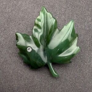 Avon Brooch Green Marbled Leaf Rhinestone Dew Touch Vintage Botanical Pin